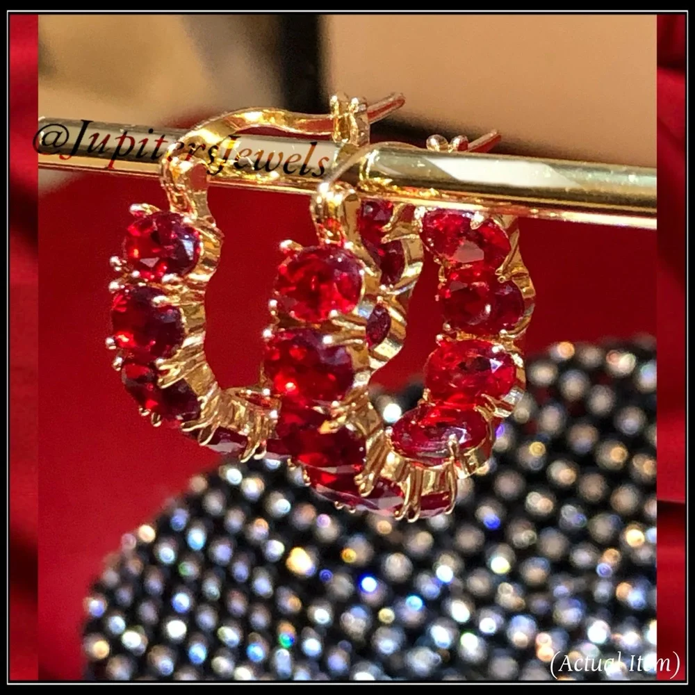 New 14k Gold Red Ruby Stone Huggie Earrings